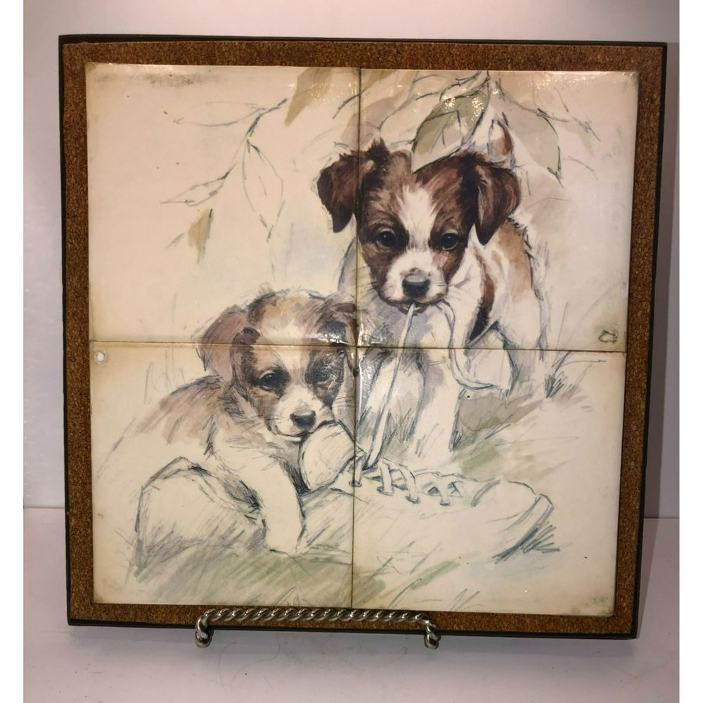 Tiles Wood Plaque Art Print Two Puppies Playing Shoelaces by Paul Whitney Hunter